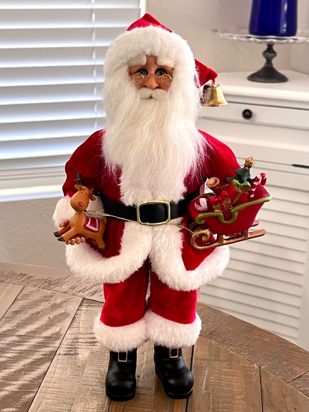 Karen Didion Originals Santa Claus Holding Reindeer & Sleigh 13.5”